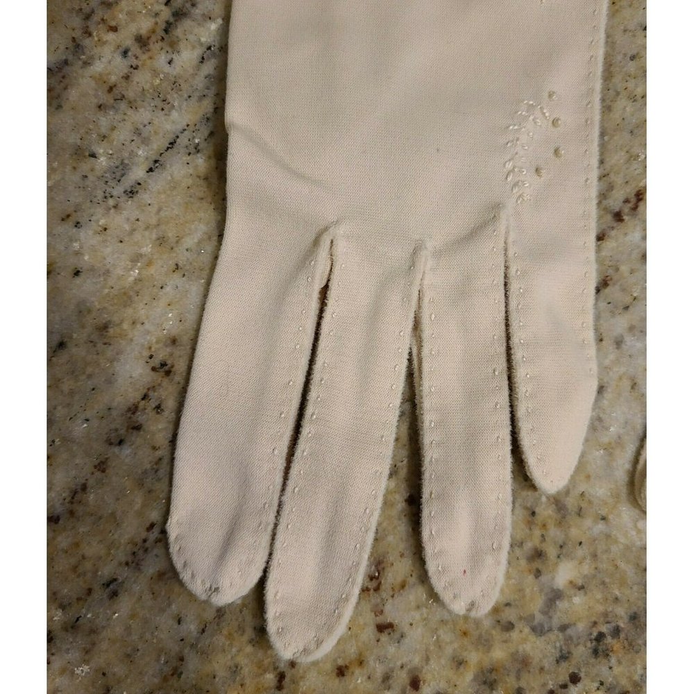 Vtg Nylon Stretch 11.5" Formal Beige Gloves. Women's Sz 6 Medium Embroidered - Picture 2 of 12